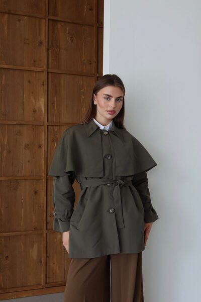 Melvien Haki Kemerli Premium Trençkot (Oversize Kalıp)