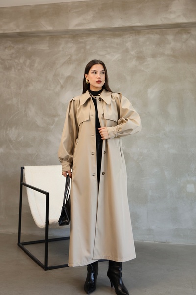 QUBERZ Women's Balloon Sleeve Rezort Collar Belted Long Trench Coat - Black / Navy Blue / Mink / Beige / Khaki