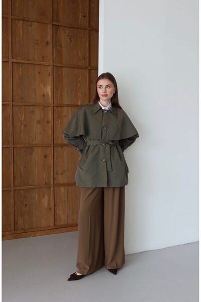 Melvien Haki Kemerli Premium Trençkot (Oversize Kalıp)