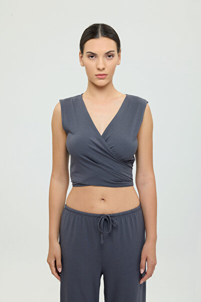 SHEISMONO Εξαιρετικά απαλό αμάνικο μπλουζάκι με κορδόνια καπνιστό