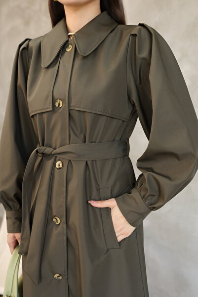 QUBERZ Women's Balloon Sleeve Rezort Collar Belted Long Trench Coat - Black / Navy Blue / Mink / Beige / Khaki