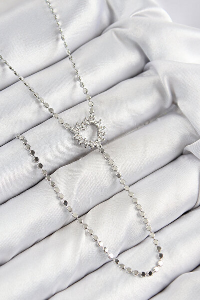STİLLOVE Brass Zircon Stone Crushed Chain Heart Model Silver Color Y Necklace