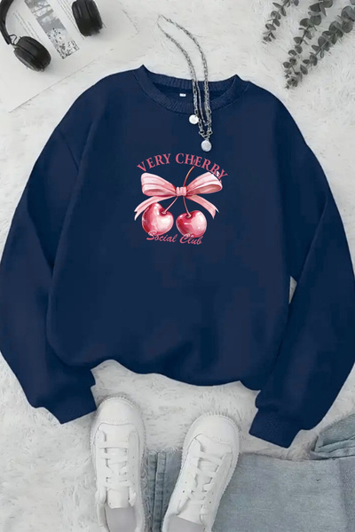 Sweetline Unisex Navy Blue Very Cherry Printed Crew Neck Sweatshirt - Winter Embossed Fabric
