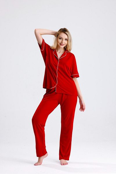Espuar Classic Women's Shirt Collar Short Sleeve Buttoned Combed Cotton Pajama Set