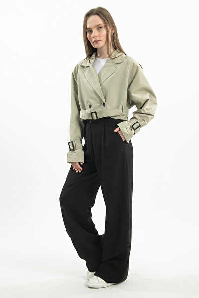 Hatun Atila Oversize Short Double Breasted Trench Coat with Belt - Fat Green