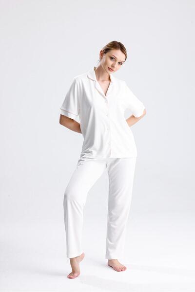 Espuar Classic Women's Shirt Collar Short Sleeve Buttoned Combed Cotton Pajama Set