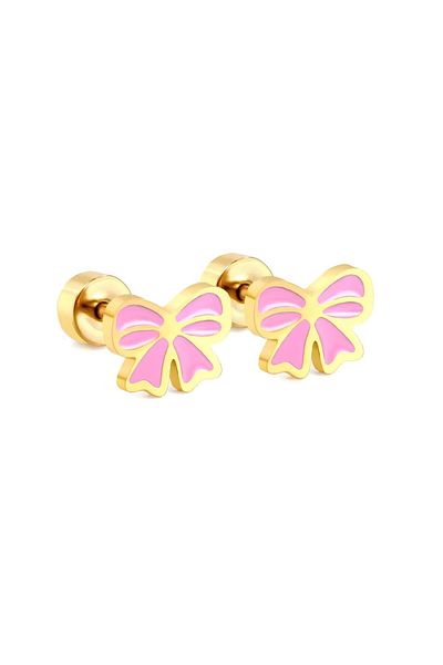 Munels Pink Bow Model Steel Children's Earring - Screw Closure