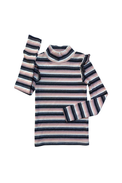 fancykidsantalya Girls Half-Neck Long Sleeve Ruffle Striped Blouse – Cotton Viscose Blend