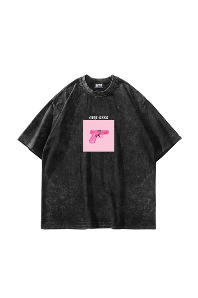 Bak Moda Girl Gang Printed Oversize Unisex Πλενόμενο μαύρο μπλουζάκι