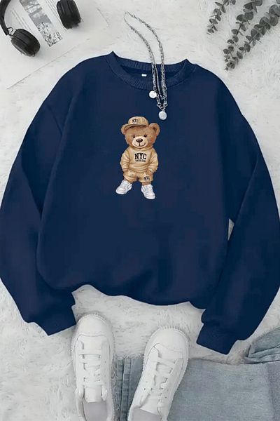 CLAYES Unisex Navy Blue Nyc Teddy Bear Printed Crew Neck Sweatshirt - Winter Embossed Fabric