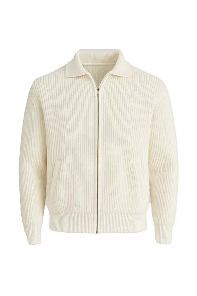 Valiberta Copolla Thessaloniki Knitted Polo Collar Pocket Zippered Comfortable Fit Men's Knitwear Cardigan - Ecru