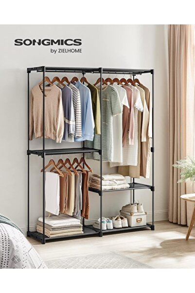 SONGMICS Portable Wardrobe with 3 Hanging Rails and Shelves, 138x43x182 cm, Black