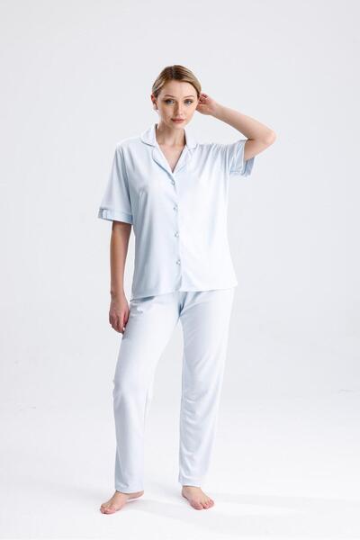 Espuar Classic Women's Shirt Collar Short Sleeve Buttoned Combed Cotton Pajama Set