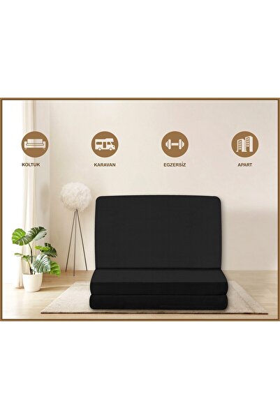 Evim Canvas Siyah Fermuarlı Katlanabilir Yer Yatağı Yer Minderi 6cm