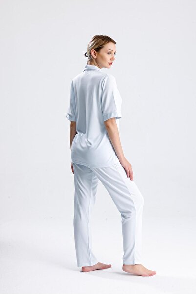 Espuar Classic Women's Shirt Collar Short Sleeve Buttoned Combed Cotton Pajama Set