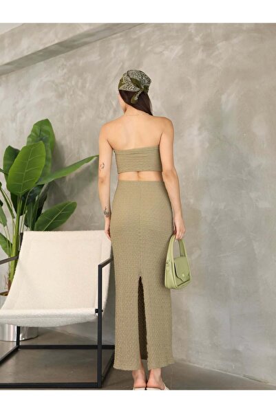 GLİA Khaki Green Strapless Crop - Skirt Suit