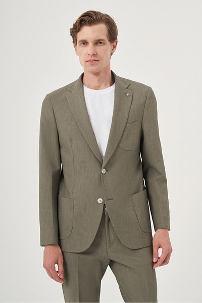Morven Men's Green Polyviscon Trend Striped Slim Fit Mono Collar Suit