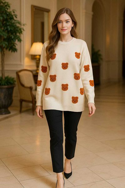 ASEZ BUTİK Women's Oversize Teddy Bear Patterned Knitwear Sweater – Cream