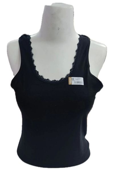 Kolcu Women's Tank Top with Wide Strap Lace Detail - Black