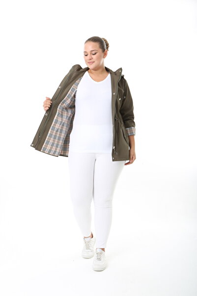 TUTveAL Collection Water Resistant Trench Coat, Hooded, Plaid, Khaki Trench Coat Bonded Fabric Trench Coat