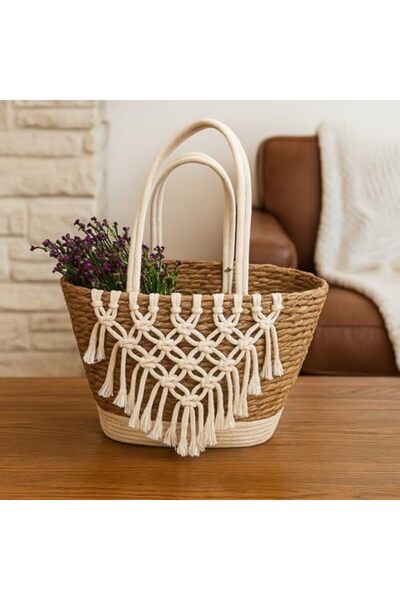 genric FFD Handmade Jute Storage Basket with Boho Macramé Tassels – Eco-Friendly, Spacious Basket