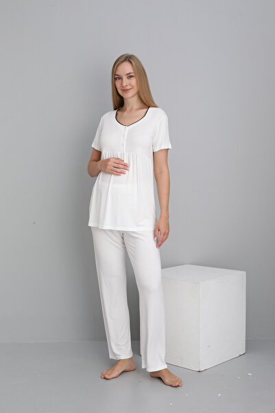 Miss Dünya Lissa White Maternity and Maternity Morning 4 Piece Breastfeeding Pajamas Set