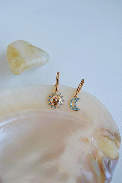 Sacce Scarves&Accessories Asymmetrical Earrings with Moon and Sun Charm – Turquoise Blue