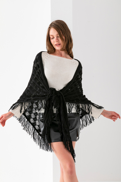 VEGA MODA Şal de umăr triunghiular cu ciucuri din tricot ajurat manual – Şal ...