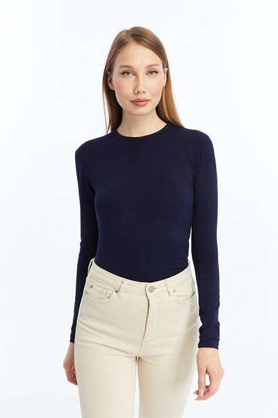 LAENT Women's Navy Blue Oil Green Round Neck 2-Piece Bodysuit