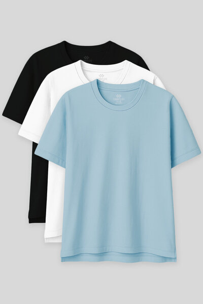 TOMMY LIFE Oversize Fit Basic O Neck 3 Pack Black-White-Light Blue Women's T-Shirt 97285