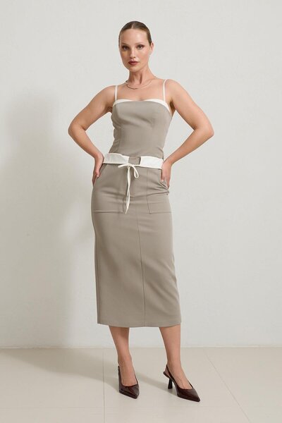 Setre Olive Midi Length Skirt with Tie and Pocket Detail