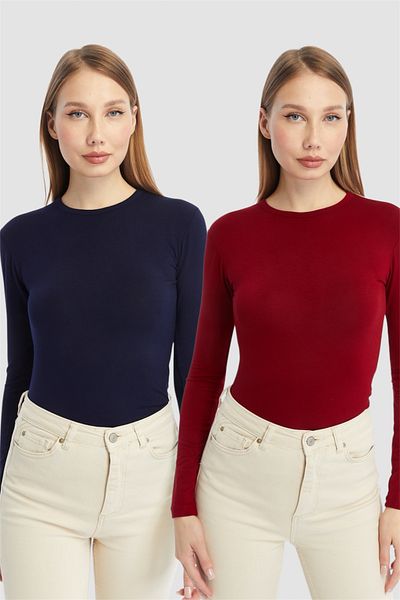 LAENT Women's Navy Blue Claret Red Round Neck 2-Piece Bodysuit