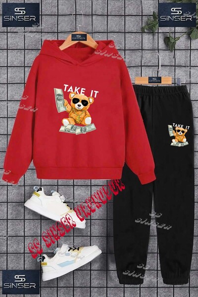 SS SİNSER Children's Unisex "Bear Take It White" Special Printed Hooded Track...