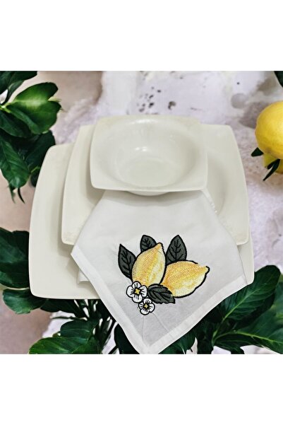 DESİGNBYASYAA 6’lı El İşlemeli Nakışlı Sofra Peçetesi Limon Desenli Keten Dok...