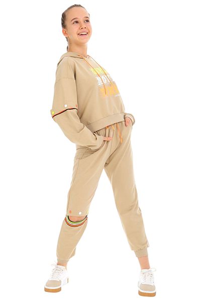 İrem Çocuk Giyim Girl's Girl Move Written Snap Detailed Beige Tracksuit Set