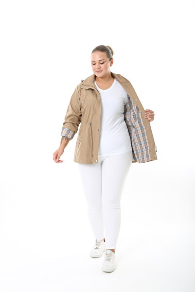 TUTveAL Collection Water Resistant Trench Coat, Hooded, Plaid, Mink Trench Coat Bonded Fabric Trench Coat