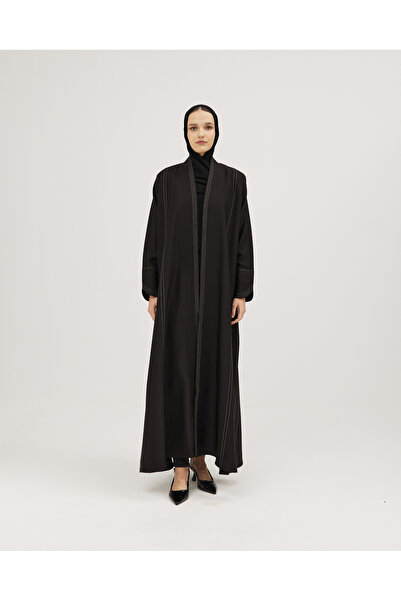 SOROSE SA عباية لنن نص كلوش كحلية مزينة بشك لؤلؤ أبيض على الأكمام والأمام والخلف