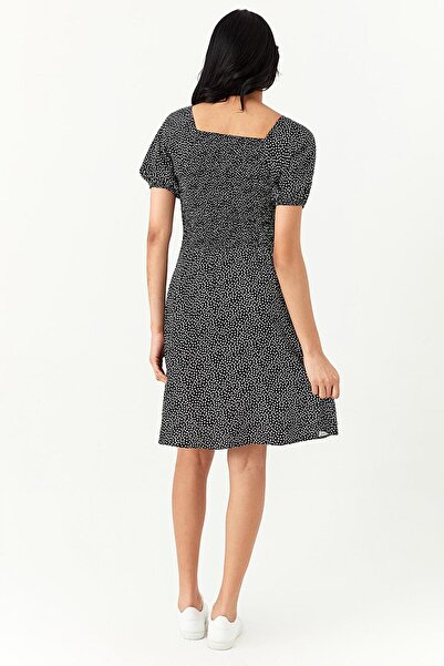 Select Moda Women's Black Floral Print Square Neck Short Sleeve Dress