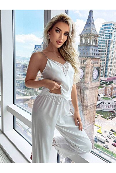 Jermo Women's Satin Lace Detail 2-Piece Pajama Set