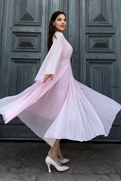 lodmela Plise Detaylı Kemerli Rahat Form Abiye Elbise 2183-Pembe