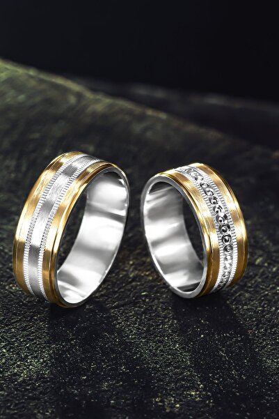 htc gümüş sepeti Erkek Kadın Çift Gümüş Alyans - Altın Kaplama Detaylı Gümüş Renk Geçişli Model 2 Söz Yüzüğü