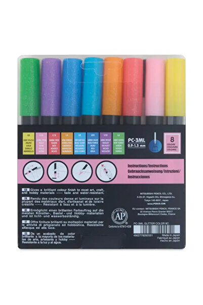 Uni Posca Pc-3Ml Water Based Poster Marker Pen 0.9-1.3 mm 8 Glitter Colors