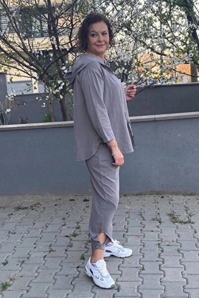 Mia Butik بدلة كتان رياضية بتصميم رمادي نسائي