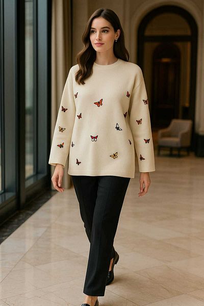 ASEZ BUTİK Women's Oversize Butterfly Patterned Knitwear Sweater – Cream