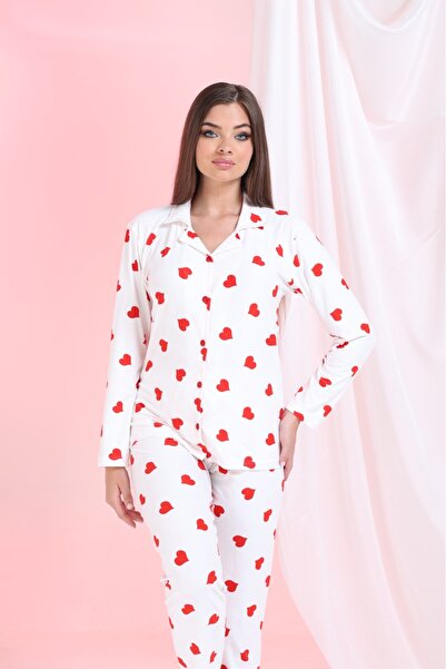 Elit Λευκό κόκκινο K alp Σετ γυναικεία πιτζάμα χειμερινής σουέτ με κουμπιά μπροστά