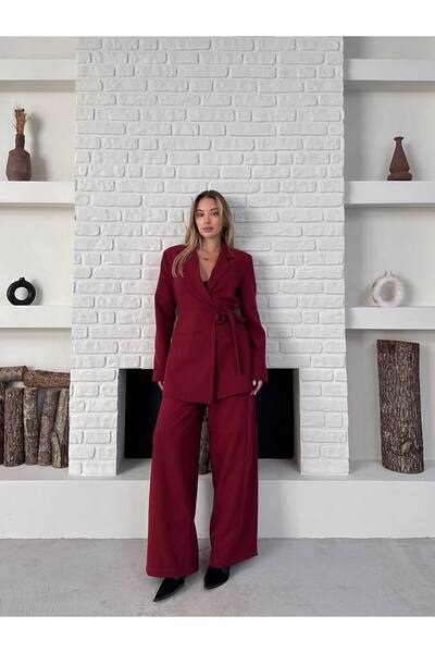 ZF BUTİK Women's Double Belted Blazer Jacket Pants Set