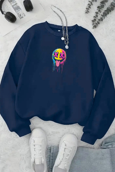 Sweetline Unisex Navy Blue Colorful Emoji Printed Crew Neck Sweatshirt - Winter Raised Fabric
