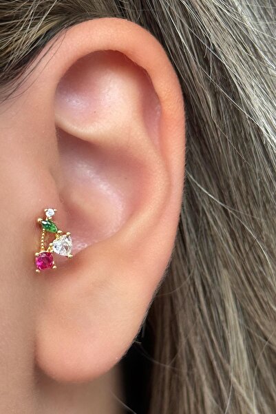 TAKIŞTIR Altın Renk Kiraz Figürlü Taş Detaylı Çelik Tragus/Kıkırdak Küpe/Pier...