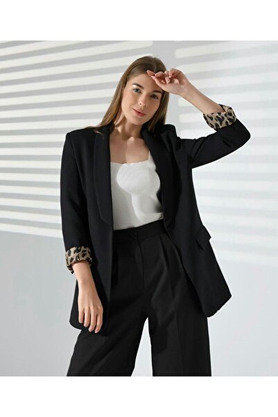 PEMAA Leopar astar detaylı oversize kalıp uzun blazer ceket