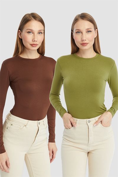 LAENT Women's Brown Fat Green Round Neck 2-Piece Bodysuit